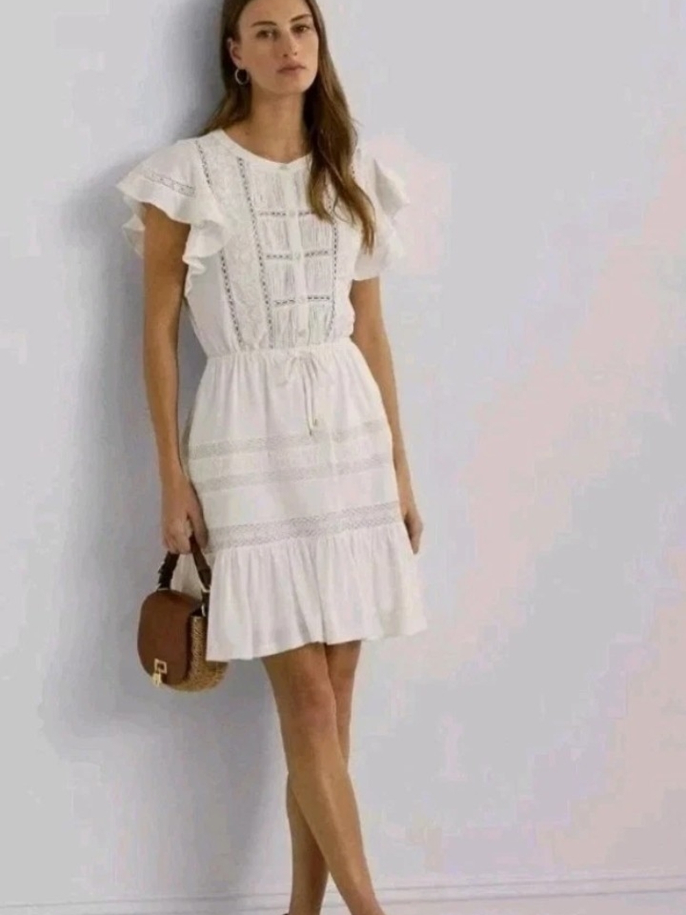 Ralph Lauren White Lace-Panel Ruffle Mini Dress